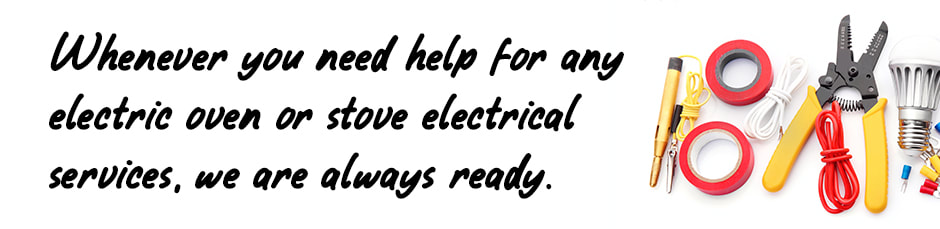 Image of electrical tools on white background with text relating to electric oven and stove installation services