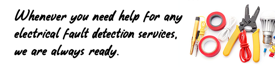 Image of electrical tools on white background with text relating to electrical fault detection services