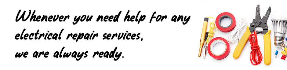 Image of electrical tools on white background with text relating to electrical repair services