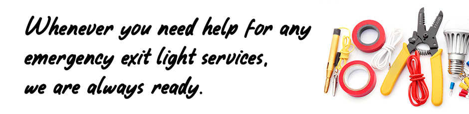 Image of electrical tools on white background with text relating to emergency exit lighting services