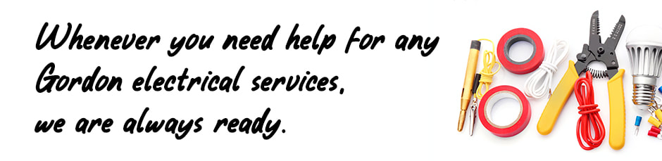 Image of electrical tools on white background with text relating to Gordon electrical services