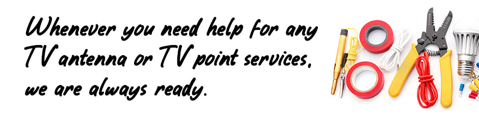 Image of electrical tools on white background with text relating to TV antenna and TV point services