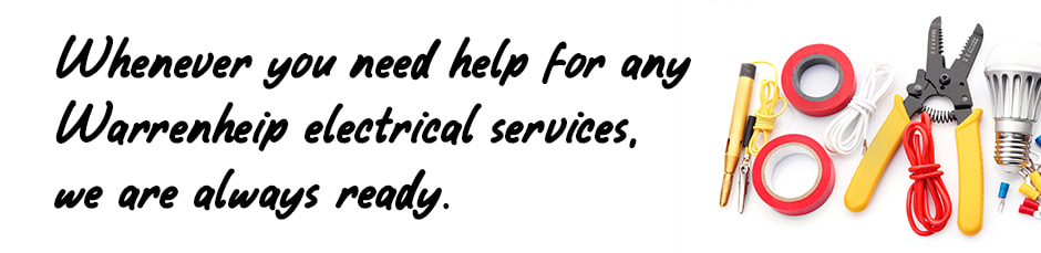 Image of electrical tools on white background with text relating to Warrenheip electrical services
